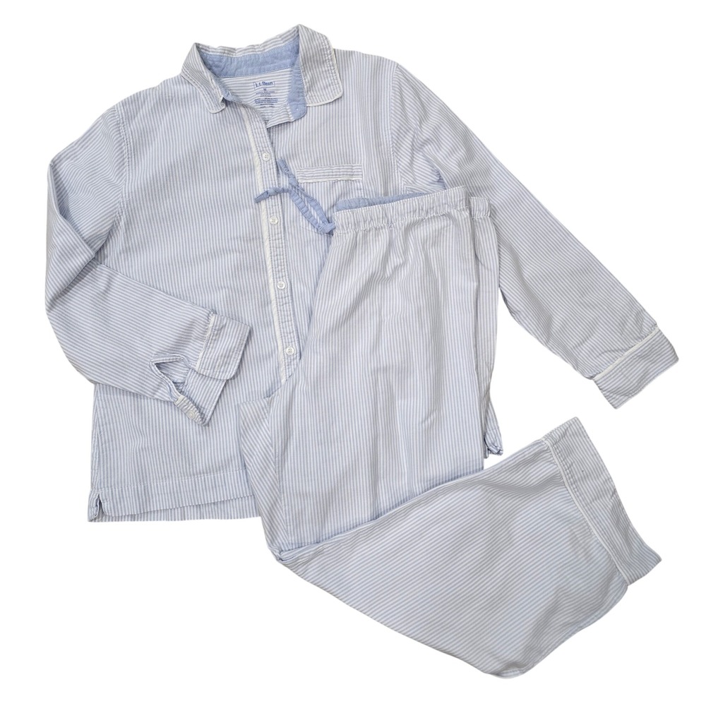L.L. Bean Pajama Set Women Medium Blue White Pinstripe Cotton Button Down